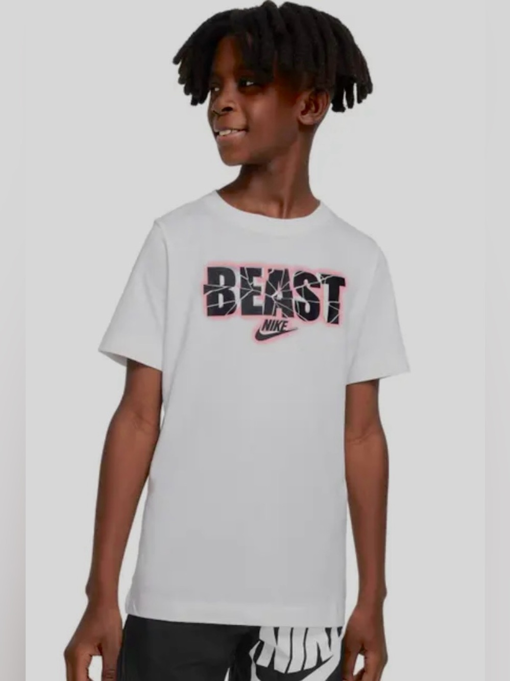 Nike Boys White Short-Sleeve 'BEAST' Tee with Black & Pink Front Graphic Size L